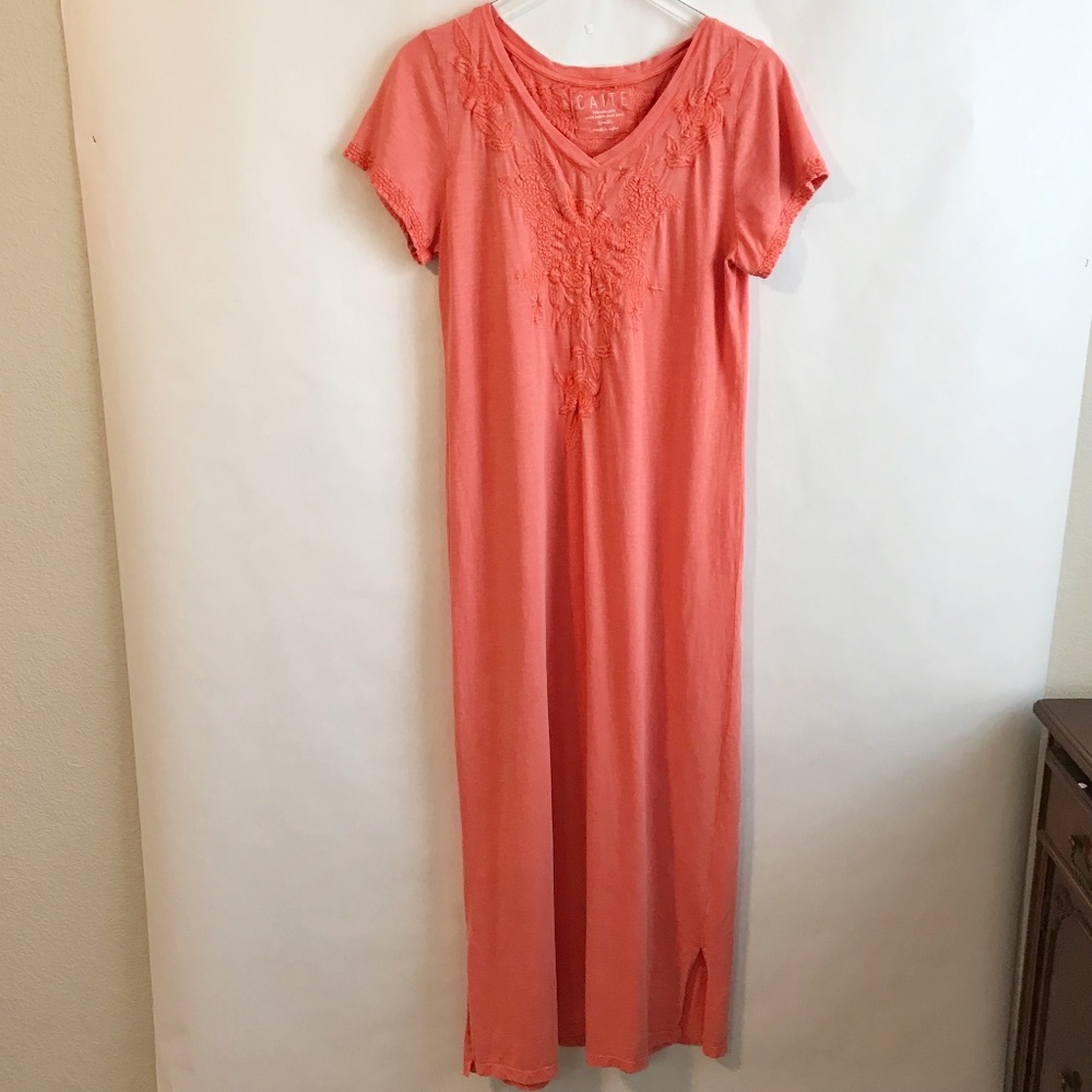 Athleta Caite Embroidered Cotton V-Neck Maxi Dress Size S Cayenne Pink Casual